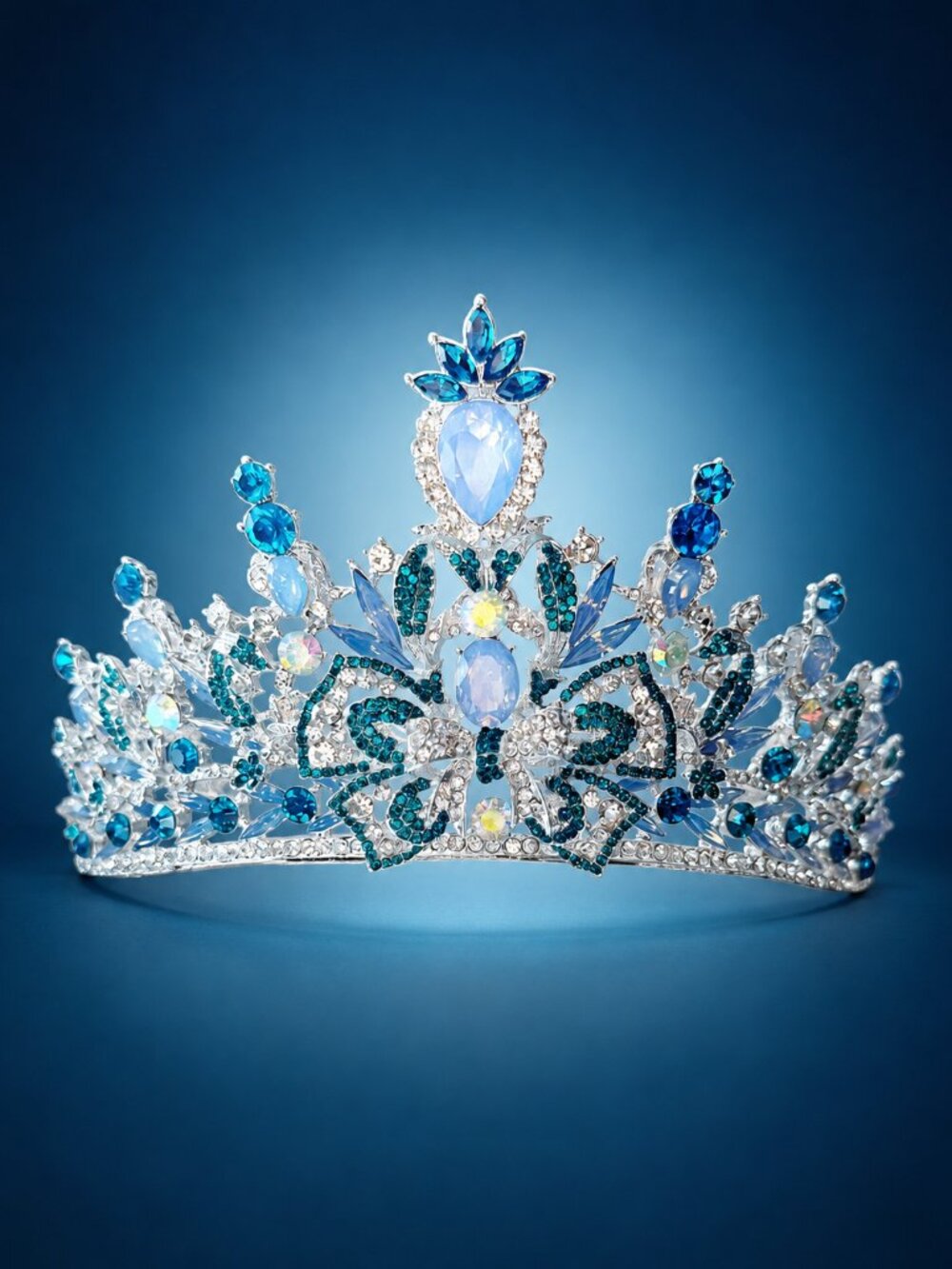 Blue Crystal Tiara Crown, Silver Crystal Bridal Wedding Pageant Prom Headpiece